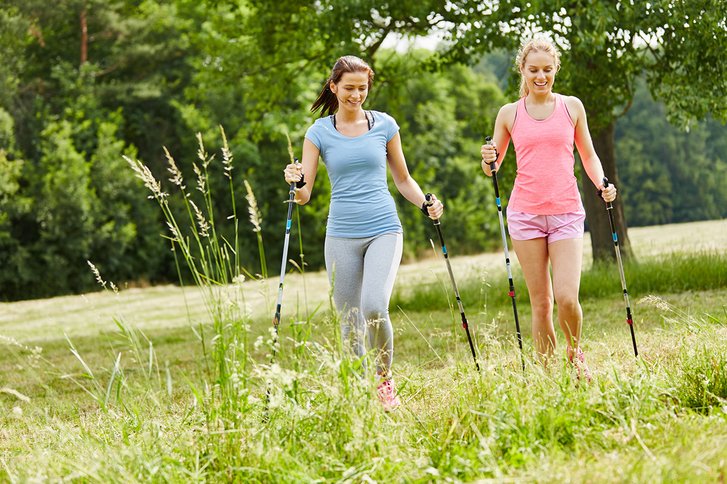 Zwei machen Nordic Walking ueber eine Wiese.